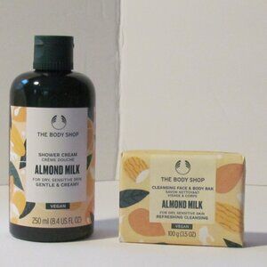 The Body Shop Vegan Almond Milk Shower Cream and Cleansing Face & Body Bar,  NEW